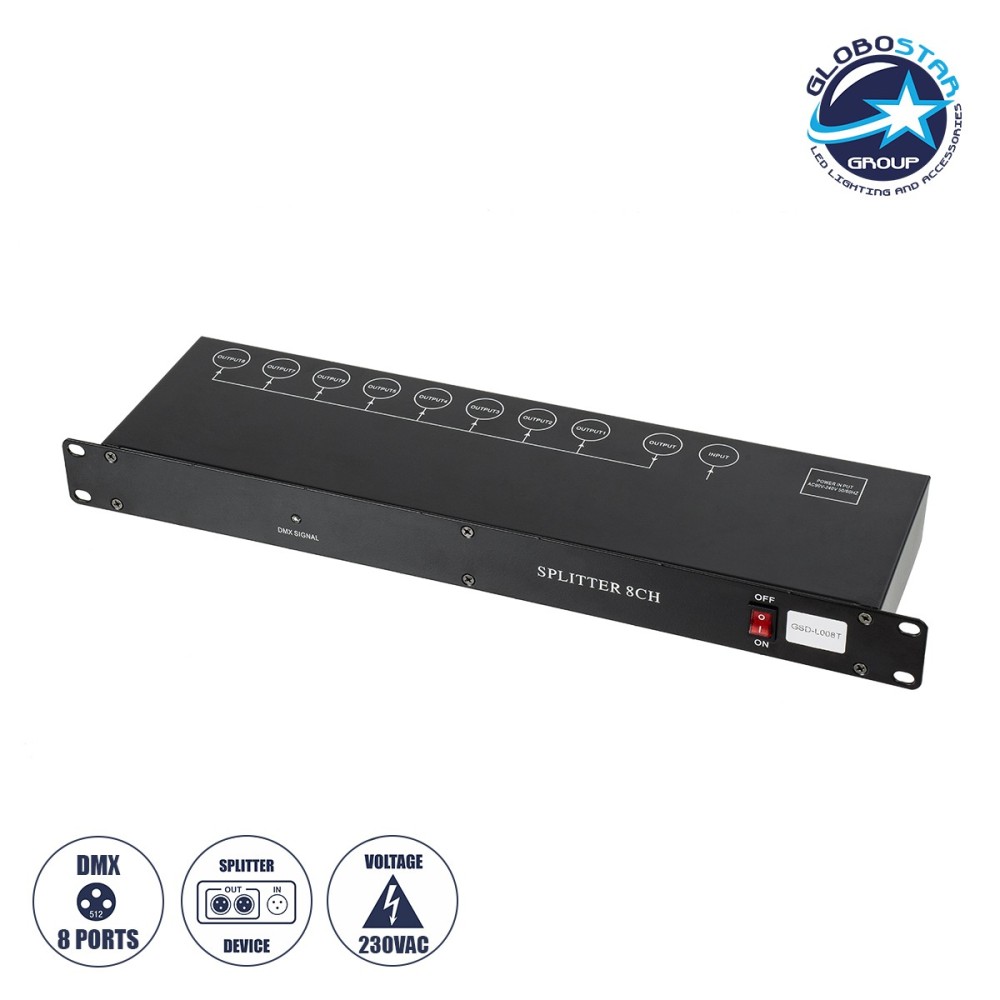 GloboStar® SPLITTER 51178 Διακλαδωτής & Ενισχυτής Σήματος DMX 8 Καναλιών - Rack Mount - AC 220-240V IP20 - Μ48 x Π17 x Υ4.5cm - 2 Χρόνια Εγγύηση