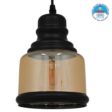 GLOBOSTAR® OLIVER 01506 Vintage Κρεμαστό Φωτιστικό Οροφής με Ντουί 1 x E27 AC 220-240V IP20 - Μελί & Μαύρο - Μ15 x Π15 x Υ21.5cm