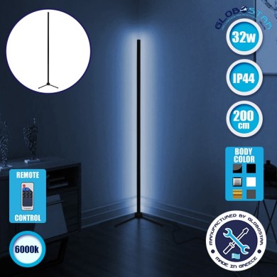 Μοντέρνο Minimal Επιδαπέδιο Μαύρο Φωτιστικό 200cm LED 32 Watt με Ασύρματο Χειριστήριο RF & Dimmer Ψυχρό Λευκό 6000k GloboStar ALIEN Design GLOBO-200-1