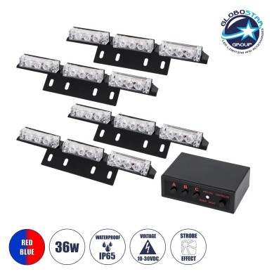 GloboStar® 85017 PRO Series ΣΕΤ 4 x 3 Μπάρες Σήμανσης Οχήματος Οδικής Βοήθειας για Αυτοκίνητα & Φορτηγά 3 Προγραμμάτων Φωτισμού STROBE LED HIGH POWER 36W DC 10-30V Αδιάβροχο IP65 Κόκκινο & Μπλε-  Μ18 x Π4.5 x Υ3cm - 2 Χρόνια Εγγύηση