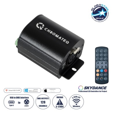 GLOBOSTAR® SKYDANCE-CHROMATEQ 71579 USB-C σε DMX512 Interface 128 Κανάλια XLR3 DC 5V IP40 - Ασύρματο Χειριστήριο IR - Μ7.8 x Π5 x Υ3.8cm - 5 Χρόνια Εγγύηση