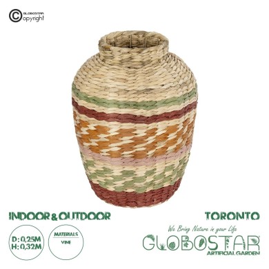 GloboStar® Artificial Garden TORONTO 21224 Διακοσμητικό Πλεκτό Καλάθι - Κασπώ Γλάστρα - Flower Pot Μπεζ με Πολύχρομο Π25 x M25 x Υ32cm
