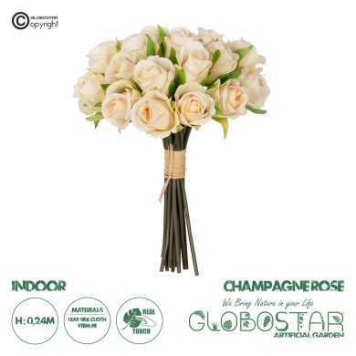GloboStar® Artificial Garden CHAMPAGNE ROSE BOUQUET 21305 Τεχνητό Διακοσμητικό Μπουκέτο Τριαντάφυλλα Ροζ Y24cm