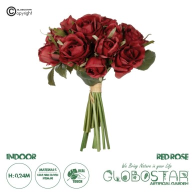 GloboStar® Artificial Garden RED ROSE BOUQUET 21307 Τεχνητό Διακοσμητικό Μπουκέτο Τριαντάφυλλα Κοκκινο Y24cm