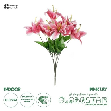 GloboStar® Artificial Garden PINK LILY BOUQUET 21314 Τεχνητό Διακοσμητικό Μπουκέτο Ροζ Κρίνα Y55cm