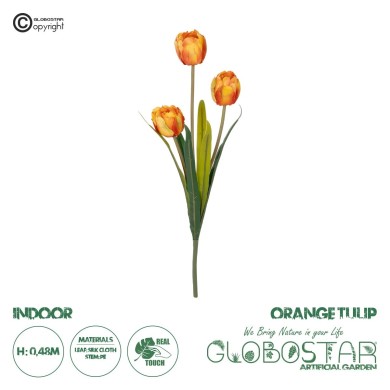 GloboStar® Artificial Garden ORANGE TULIP BRANCH 21308 Τεχνητό Διακοσμητικό Κλαδί Πορτοκαλί Τουλίπα Y48cm