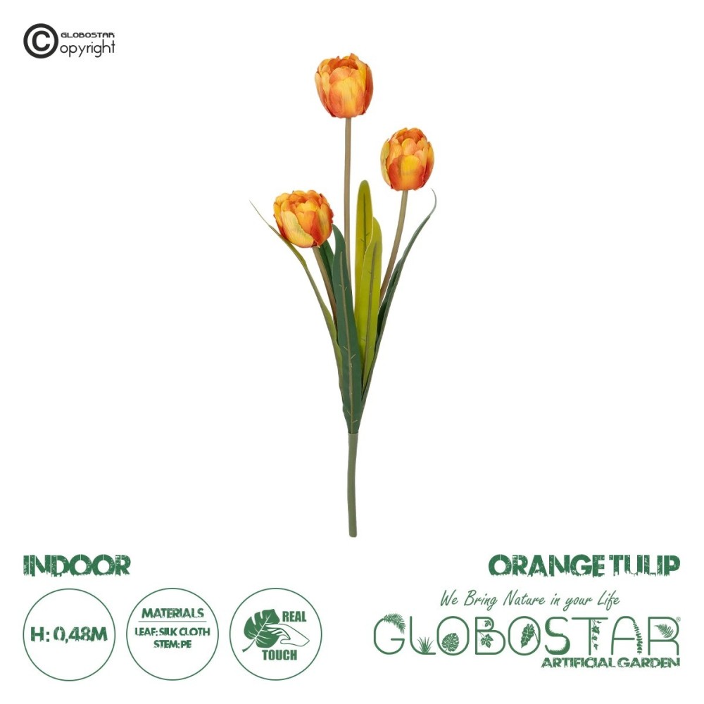 GloboStar® Artificial Garden ORANGE TULIP BRANCH 21308 Τεχνητό Διακοσμητικό Κλαδί Πορτοκαλί Τουλίπα Y48cm