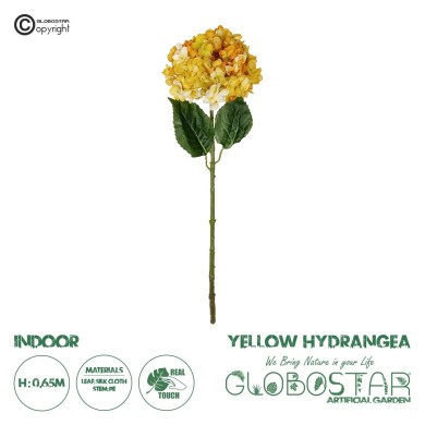 GloboStar® Artificial Garden YELLOW HYDRANGEA BRANCH 21317 Τεχνητό Διακοσμητικό Κλαδί Κίτρινη Ορτανσία Y65cm