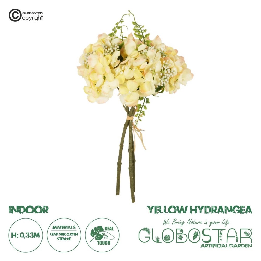 GloboStar® Artificial Garden YELLOW HYDRANGEA BOUQUET 21315 Τεχνητό Διακοσμητικό Μπουκέτο Κίτρινη Ορτανσία Y33cm