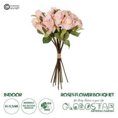 GloboStar® Artificial Garden PINK ROSE BOUQUET 21081 Τεχνητό Διακοσμητικό Μπουκέτο Τριαντάφυλλα Ροζ Y36cm