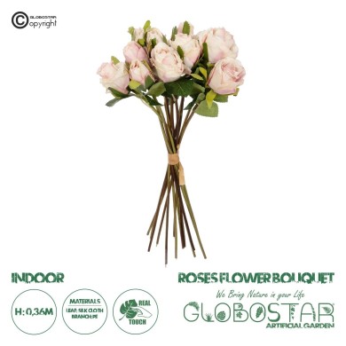 GloboStar® Artificial Garden PINK ROSE BOUQUET 21082 Τεχνητό Διακοσμητικό Μπουκέτο Τριαντάφυλλα Ροζ Y36cm