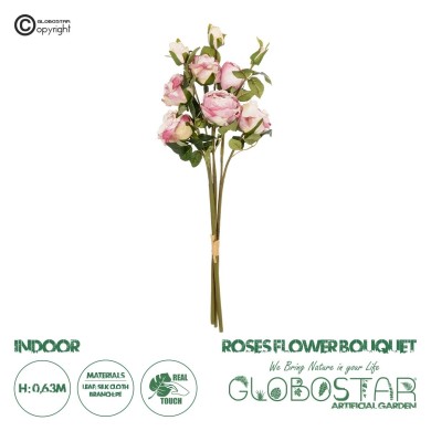 GloboStar® Artificial Garden DUSTY PINK ROSE BOUQUET 21083 Τεχνητό Διακοσμητικό Μπουκέτο Τριαντάφυλλα Ανοιχτό Ροζ Y63cm