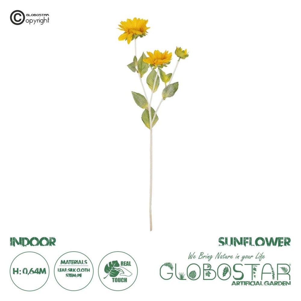 GloboStar® Artificial Garden YELLOW SUNFLOWER BRANCH 21384 Τεχνητό Διακοσμητικό Κλαδί Ηλιοτρόπιο Κίτρινο Y64cm