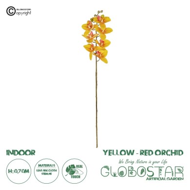 GloboStar® Artificial Garden YELLOW RED ORCHID BRANCH 21410 Τεχνητό Διακοσμητικό Κλαδί Κίτρινη Ορχιδέα Y70cm