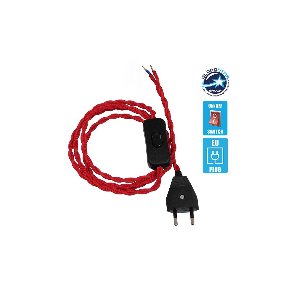 GLOBOSTAR® WHIP 91034 Μοντέρνο DIY Πλεκτό Καλώδιο με Διακόπτη On-Off AC 220-240V IP20 - Κόκκινο & Μαύρο - Μ150 x Π2.7 x Υ1.9cm