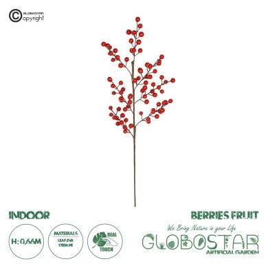 GloboStar® Artificial Garden RED BERRIES FRUIT BRANCH 21441 Τεχνητό Διακοσμητικό Κλαδί Κόκκινο Γκί Y66cm