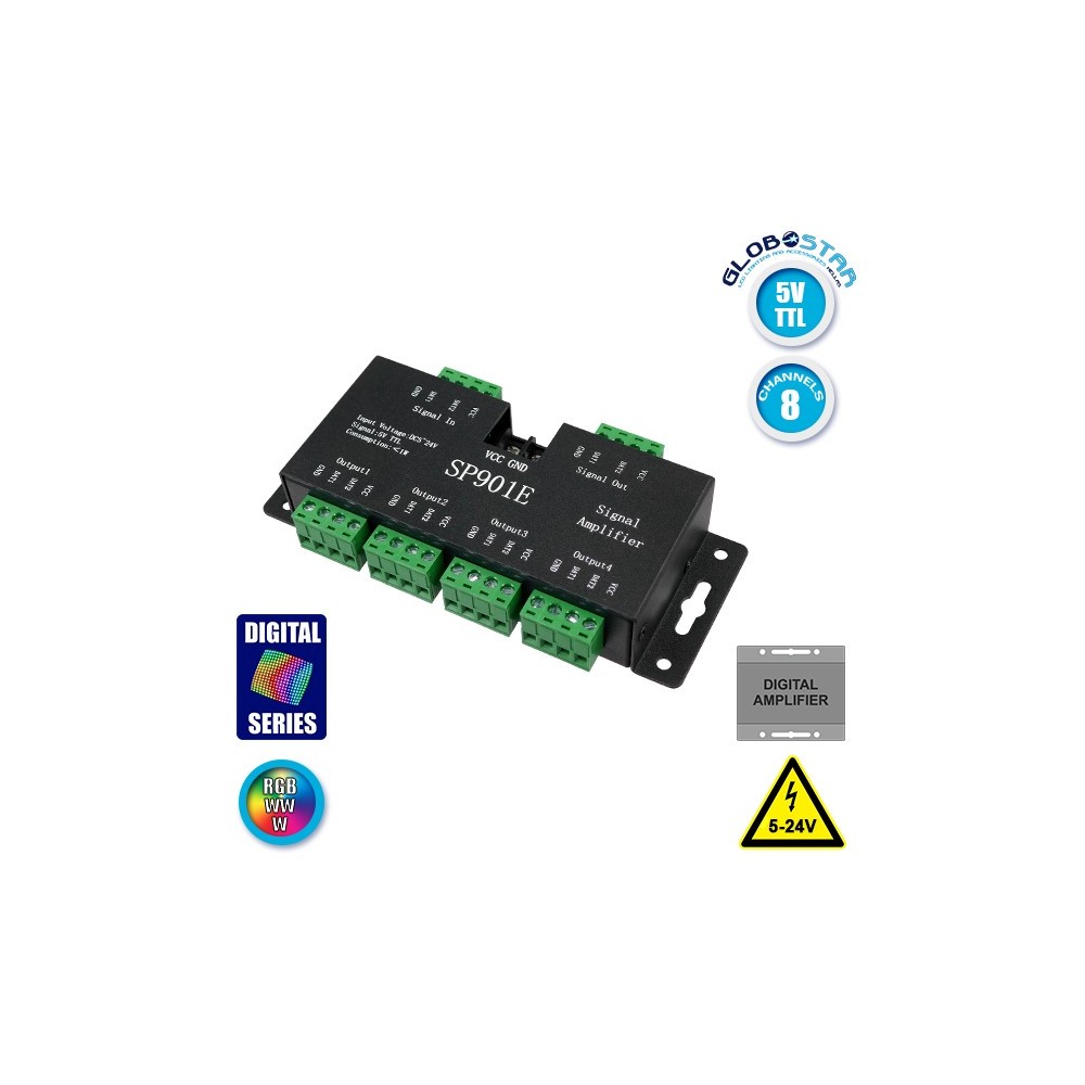 LED Digital RGB Ενισχυτής Σήματος SP901E LED Pixel WS2812B WS2811 SPI Signal Amplifier Repeater 10000 IC Professional Series 5v - 12v - 24v GloboStar 88774