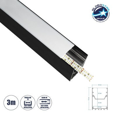 GLOBOSTAR® ALP-LINEAR BRIGHTRAIL 61775-3M Επιφανειακό - Κρεμαστό - Επιτοίχιο Προφίλ Αλουμινίου με Λευκό Γαλακτερό Πατητό Κάλυμμα για Ταινίες LED IP20 - Μαύρο Ματ - Μ300 x Π5 x Υ7.5cm