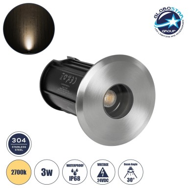 GLOBOSTAR® POOLIFY 61713 Υποβρύχιο Χωνευτό Σποτ για Σιντριβάνια-Πισίνες LED 3W 360lm 30° DC 24V Αδιάβροχο IP68 Θερμό Λευκό 2700K Dimmable - CREE XPE - Ανοξείδωτο Ατσάλι 316 & Tempered Glass - 1m VDE Rubber Καλώδιο - Φ6.5 x Υ8cm - Q5.2cm - 3 Χρόνια Εγγύηση
