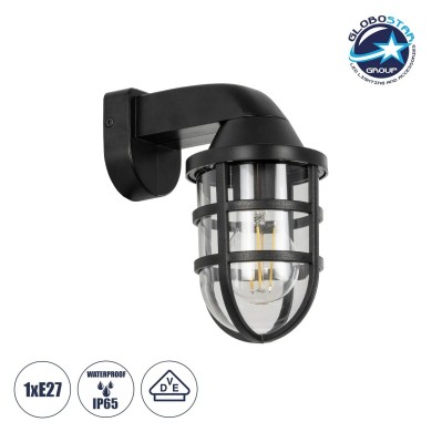 GLOBOSTAR® AGRE 61711 Μοντέρνο Φωτιστικό Τοίχου - Απλίκα με Ντουί 1 x E27 AC 220-240V Αδιάβροχο IP65 - Μάυρο & Διάφανο - Μ18 x Π11.5 x Υ22cm