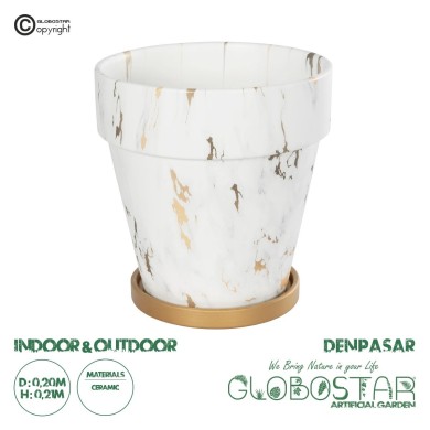 GloboStar® Artificial Garden DENPASAR 20526 Διακοσμητική Κεραμική Γλάστρα Λευκή με Χρυσό Μ20 x Π20 x Υ21 cm