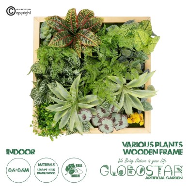 GloboStar® Artificial Garden VARIOUS PLANT 20641 Τεχνητό Διακοσμητικό Φυλλωσιάς σε Ξύλινο Πάνελ - Κάθετος Κήπος Μιξ Μ60 x Π60 x Υ32cm