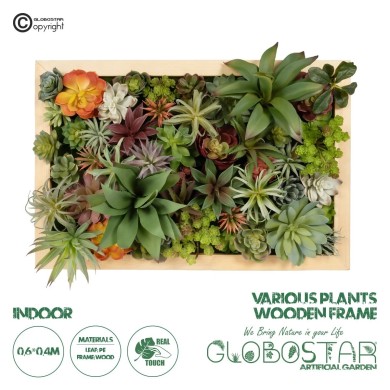 GloboStar® Artificial Garden VARIOUS PLANT 20642 Τεχνητό Διακοσμητικό Φυλλωσιάς σε Ξύλινο Πάνελ - Κάθετος Κήπος Μιξ Μ60 x Π40 x Υ20cm