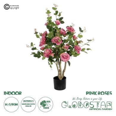 GloboStar® Artificial Garden PINK ROSES 21072 Τεχνητό Διακοσμητικό Δέντρο Τριανταφυλλιά Μ50 x Π50 x Υ90cm