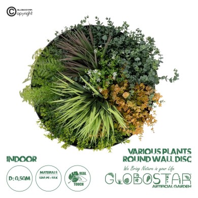 GloboStar® Artificial Garden VARIOUS PLANTS ROUND WALL DISC 20688 Τεχνητό Διακοσμητικό Στρογγυλό Πάνελ Φυλλωσιάς - Κάθετος Κήπος Μιξ Μ50 x Π50 x Υ23cm