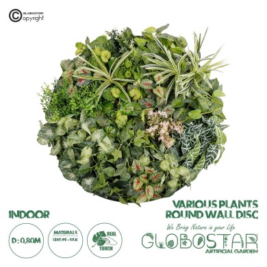 GloboStar® Artificial Garden VARIOUS PLANTS ROUND WALL DISC 20690 Τεχνητό Διακοσμητικό Στρογγυλό Πάνελ Φυλλωσιάς - Κάθετος Κήπος Μιξ Μ80 x Π80 x Υ20cm
