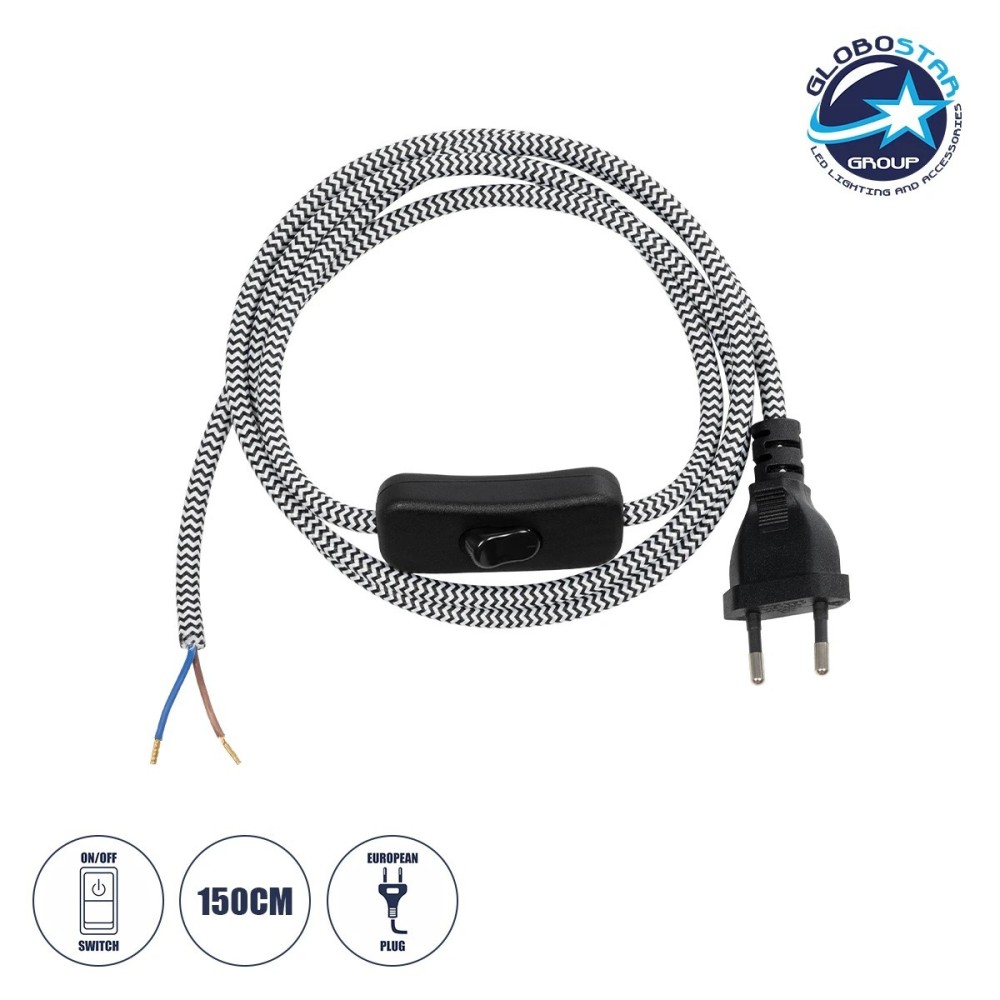 GLOBOSTAR® WHIP 77670 Μοντέρνο DIY Υφασμάτινο Καλώδιο με Διακόπτη On-Off AC 220-240V IP20 - Λευκό & Μαύρο - Μ150 x Π2.7 x Υ1.9cm