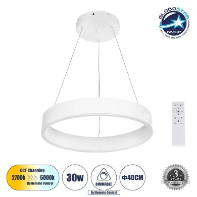 GLOBOSTAR® VENOM 61174 Μοντέρνο Κρεμαστό Φωτιστικό Οροφής LED 30W 3513lm 120° AC 220-240V IP20 Ρυθμιζόμενο Λευκό CCT με Χειριστήριο από 2700K έως 6000K Dimmable - Lumileds SMD Chip - Λευκό Ματ - Μ40 x Π40 x Υ6.5cm - 3 Χρόνια Εγγύηση