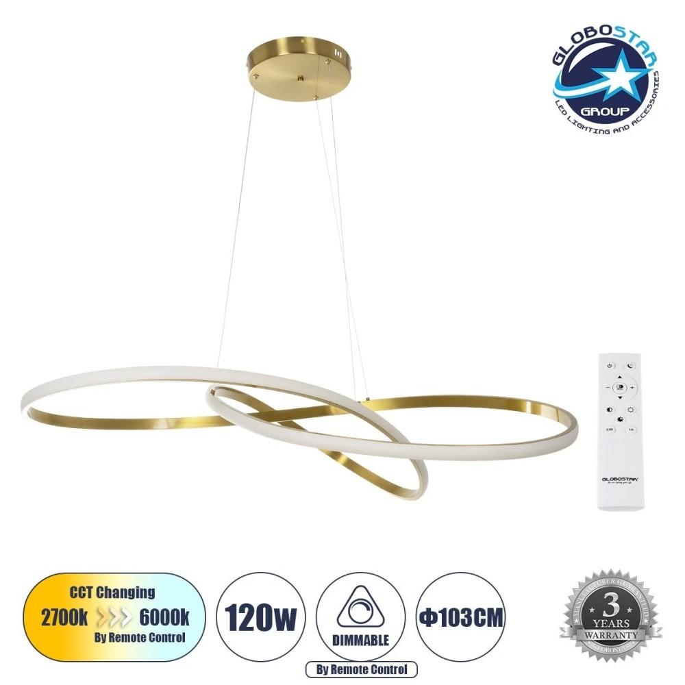 GLOBOSTAR® DEXTER 60920 Μοντέρνο Κρεμαστό Φωτιστικό Οροφής LED 120W 13440lm 300° AC 220-240V IP20 Ρυθμιζόμενο Λευκό CCT με Χειριστήριο από 2700K έως 6000K Dimmable - Lumileds SMD Chip - Χρυσό Βούρτσας - Μ103 x Π103 x Υ30cm - 3 Χρόνια Εγγύηση