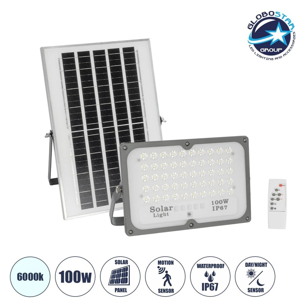 GLOBOSTAR® LUMOVOX 73067 Προβολέας LED 100W 5000lm 120° DC 5V με Φωτοβολταϊκό Panel 5V 8W & Επαναφορτιζόμενη Μπαταρία Li-ion 3.2V 5000mAh Αδιάβροχο IP67 Ψυχρό Λευκό 6000K - 120 x SMD2835 Sanan Chip - Γκρι Ανθρακί - Μ25 x Π5.5 x Υ17.5cm - 2 Χρόνια Εγγύηση