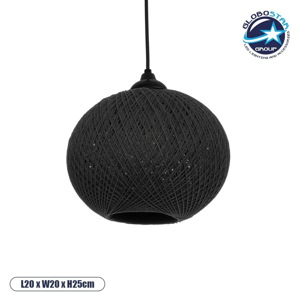 GLOBOSTAR® SOLEI 205-0006 Boho Κρεμαστό Φωτιστικό Οροφής με Ντουί 1 x E27 AC 220-240V IP20 - Μαύρο - M20 x Π20 x Υ25cm