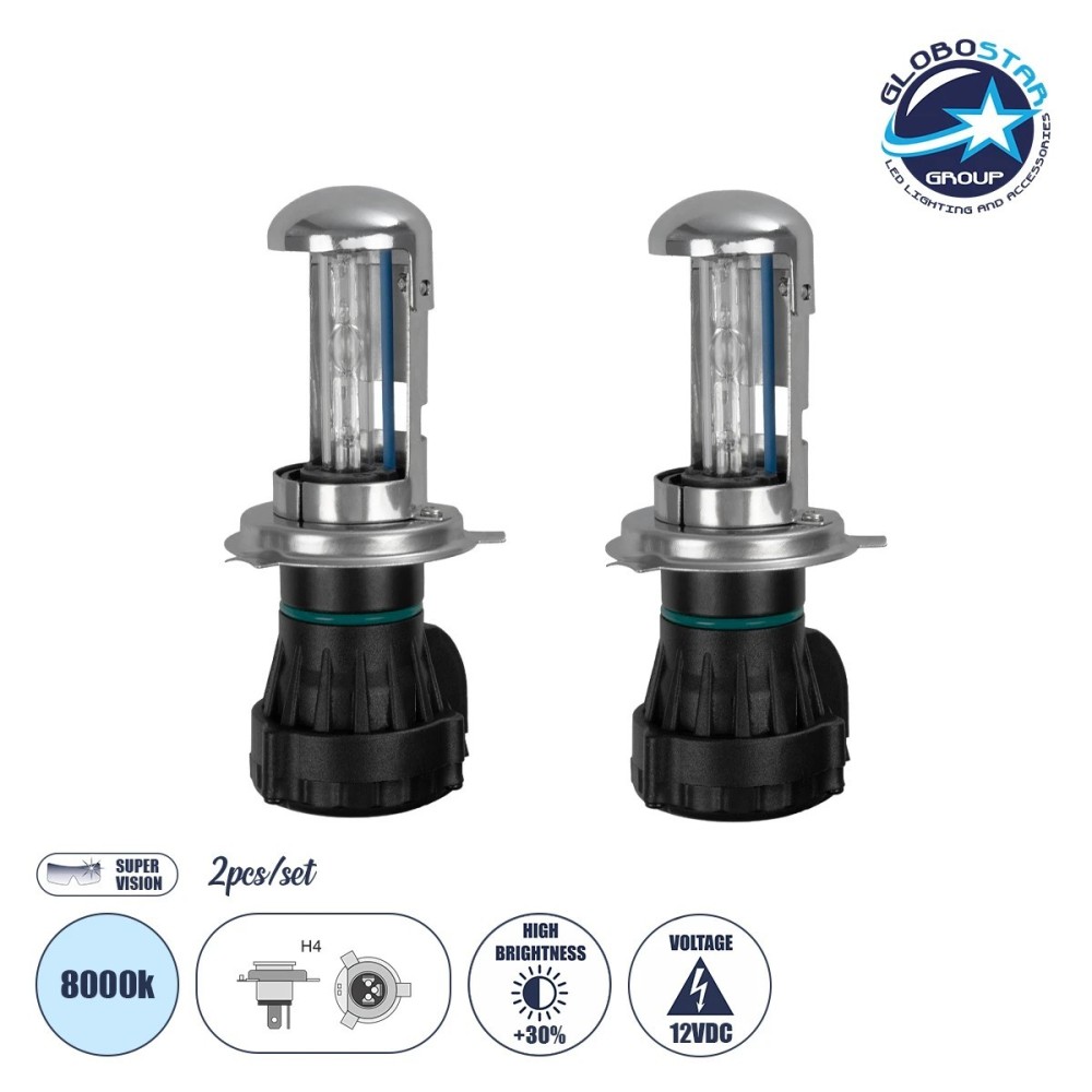 GLOBOSTAR® HID 84047 Λάμπα Xenon H4 H-L Super Vision Υψηλής Φωτεινότητας +30% 35W-70W 3500lm-7000lm 360° DC 12V Αδιάβροχο IP65 Ultra Ψυχρό Λευκό 8000K - Μ4.8 x Π4.8 x Υ10.2cm - Πακέτο 2 Τεμαχίων - 2 Χρόνια Εγγύηση