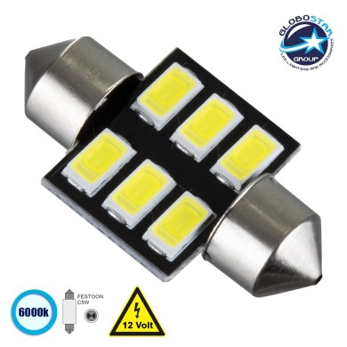 GloboStar® C5W 81305 Λάμπα Αυτοκίνητου 31mm FESTOON - LED 6 SMD 5630 0,72W 240lm 120° DC 12V IP20 Ψυχρό Λευκό 6000K